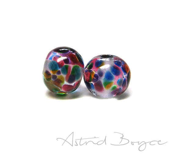 Church Windows Stained Glass Artisan Lampwork Bead Pair -Vivid Transparent Colors over Crystal Clear Glass Perfect for Orb Earrings Necklace