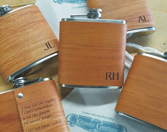 5 Groomsmen Flask with Hand Dyed Engraved Leather Wrap - Personalized Flask, Engraved Flask, Wedding Flask, Groomsman Gift, Best Man Gift