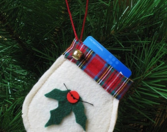 Christmas Gift Card Holder - Ready 2 Ship - Felt Mitten Ornament with Holly Leaves - Christmas Mitten - Off White Felt Ornament
