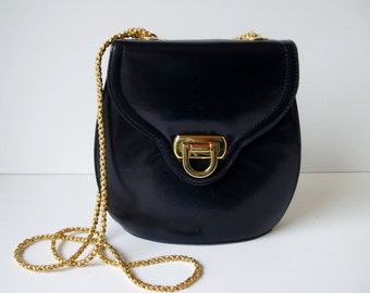 Vintage FRENCHY of CALIFORNIA Small Navy Blue Leather Handbag Gold Chain Strap