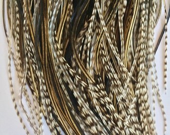 1 Dozen 12 inch Black White Brown Mixture LONG THIN Grizzly Striped Rooster Feathers Hair Extension Feathers Boho Hippie Jewelry
