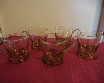 Vintage 1950s to 1970s Amber/Topaz Glasses Set of 5 (Five) Gold Tone Metal Holders with Greek Key Style Libbey Retro Coffee/Tea/Drinking