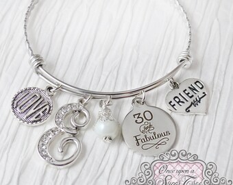 30th Birthday Gift for Her, Birthday Jewelry, 30 and Fabulous, Friendship Bracelet, Friend, Love, Personalized Bangle- Best Friend Jewelry