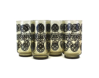 Vintage Set of 4 Smoked Glass Tumblers w/Black Floral Design (E2510)