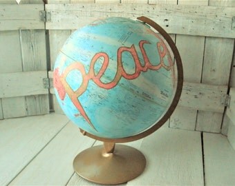 Vintage world globe embellished peace message Repogle 12" diameter metal stand- free shipping US