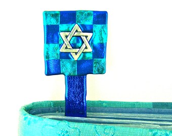 Star of David Bookmark / Chanukah Blue & Teal Checkered Pattern Pewter Charm - 6" Friendly Plastic Modeling Polymer