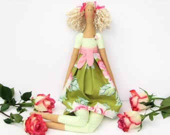 Fabric doll handmade rag doll pink green floral cloth doll art doll cute stuffed doll gift for girls room decor doll birthday gift for girl