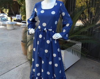 Vintage 1970's Tori Richard Blue Polka Dot Cotton Dress - Size 12