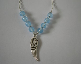 Ice Blue Gemstone and Silver Plated Angel Wing Charm Necklace - In Memory