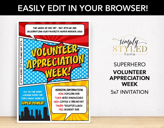 EDITABLE Volunteer Appreciation WEEK Superhero Invitation