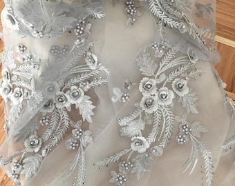 Pearl Beaded Lace Applique in Grey, 3D Flowers Sequined Patch Motif For Costume Wedding Bodice Bridal Veil Accessories