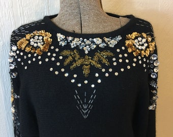 Vintage 80s Angora Sweater Beaded Sequin Dolman Style Small