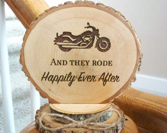 Motorcycle Cake Topper, Rustic Wedding Cake Topper, Wood Slice Cake Topper, Motorcycle Wedding, Engraved Topper, Motorcycle Cake Top