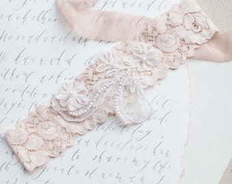 Ivory Beaded Wedding Garter in Blush Pink, Ivory or Nude Stretch Lace - Perfect Bridal Garter Belt to finish a slim wedding dress