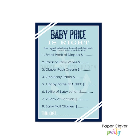 Nautical Baby Shower Price Game  Instant Download  Navy \u0026 Mint  Printable Activity Card 