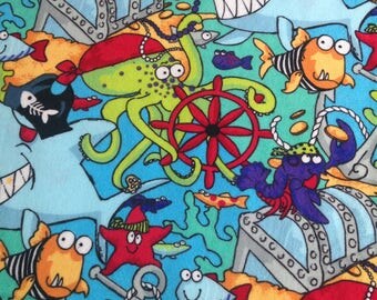 Fish, crab, shark, starfish, under the sea Flannel fabric, fabric by the yard, craft fabric, quilting fabric, baby blanket fabric