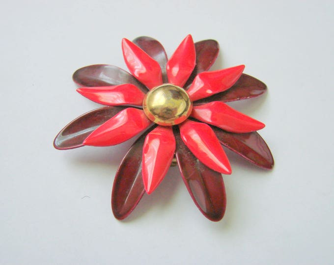 Large Floral Red Enamel Brooch / 1960s Enamel Brooch / Mid Century / Vintage Jewelry / Jewellery