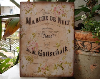 French sign, Marche de Nuit,shabby roses image sealed onto salvaged wood with hook to hang