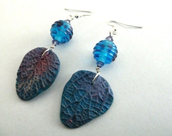 Handmade lampwork and polymer blue leaf earrings, UK jewellery