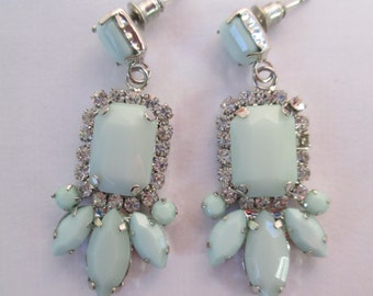 Vintage silver toned aqua center dangling with crystals peirced earrings used no markings