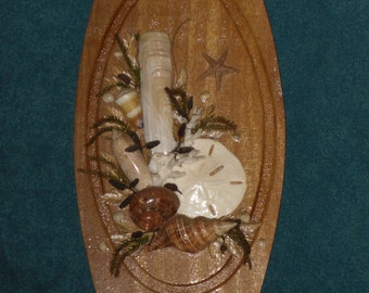 Seashell Art Wood Plaque Oval Wall Hanging Vintage Beach Shell Decor