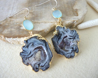 SALE, Agate Earrings, Agate Slice Geode Earrings, Agate Druzy Earrings, Agate Geode Earrings, Jewelry Gifts For Her, Gold Bezel Earrings