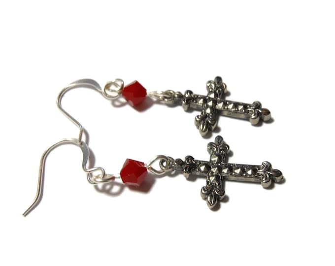 FREE SHIPPING Small cross earrings, silver tone Fleury , silver plated french wires, red Swarovski crystals, faux marcasite, dangle earrings