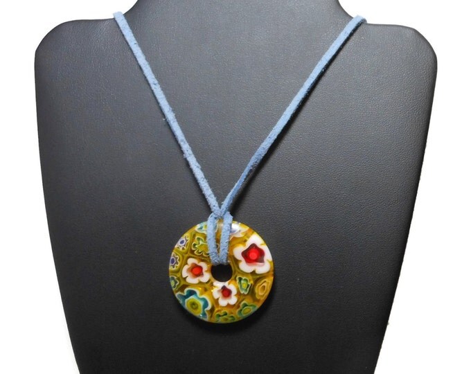 FREE SHIPPING Millefiori glass pendant, 1 1/2" round yellow background, yellow green and red flowers, round donut on black cord