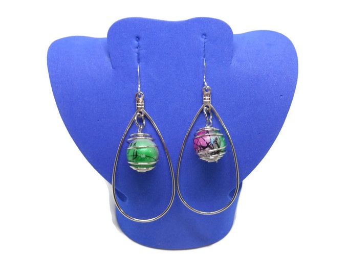 FREE SHIPPING Large teardrop earrings, silver tone metal, caged pink and green glass swirl beads, funky fun dramatic large