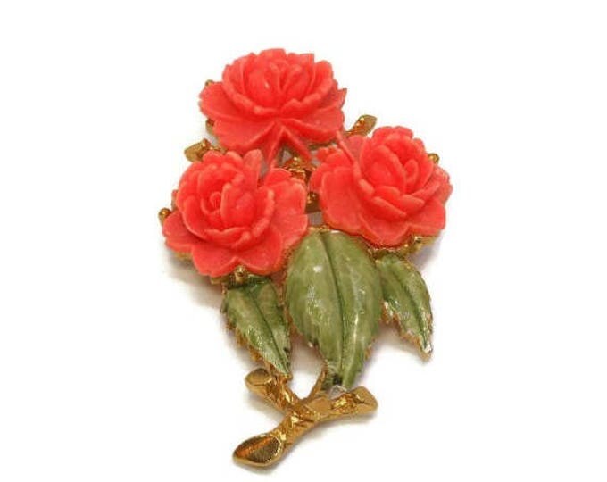 SALE Coral rose brooch, enamel coral roses, enamel, gold tone stem with green enamel leaves, orange pin 1960's