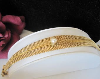 Gold Mesh Bracelet - Faux Pearl Center - Mid Century Wedding Bracelet