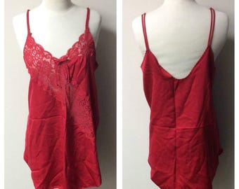 Vintage Lingerie, 1980's Vintage Red Nightie with Lace, Red Lace Nightgown, Cinema Etoile Brand, Nightie Ladies Size Large #035