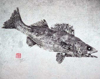 STURGEON gyotaku print Chou Zame traditional Japanese fish