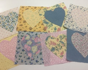 Valentines Fabric Squares, Set of 8 Fabric Squares, Heart Fabric Squares by Marlenesattic