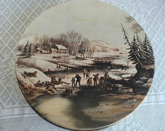 Metal Container / Vintage Currier and Ives Cookie Tin / Christmas Decor / Kitchen Storage
