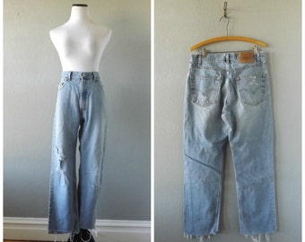 Thrashed Levis Jeans Faded Light Blue Distressed Denim Pants 34 Waist Mullet Ankle Hem Hipster Boho Worn In High Waist Trousers 90s Hippie