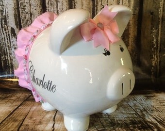 LARGE Personalized pink piggy bank, pink tutu, custom piggy bank, girl bank, birthday banks, custom piggy banks, baby's first piggy bank