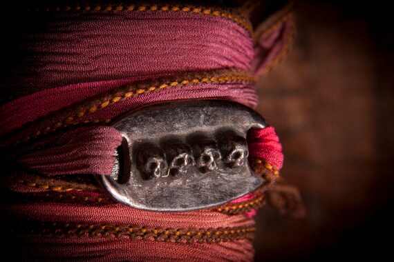 Silk bracelet with handmade bronze plate for men and women