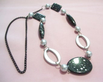 vintage grey black beaded chain necklace