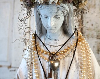 Virgin Mary statue halo shabby cottage chic painted Madonna figure millinery floral lace crown French Nordic home decor anita spero design