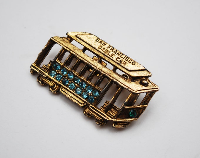 San Francisco Cable car Pin- Blue rhinestone - Brass bus brooch