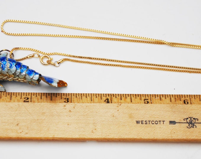 Blue Enamel Articulate Fish Necklace - gold chain - dolphin sea life - pendant