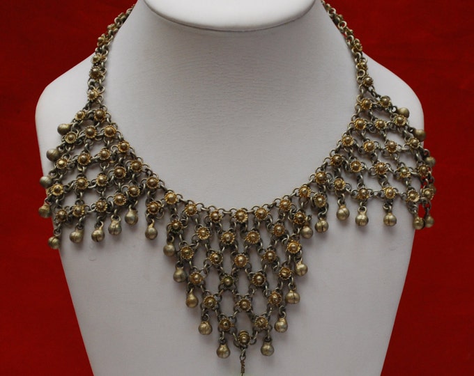 India Chain Link Bib Necklace - Gypsy Boho - Green Glass - Brass gold tone metal - chain maille -Belly dancer