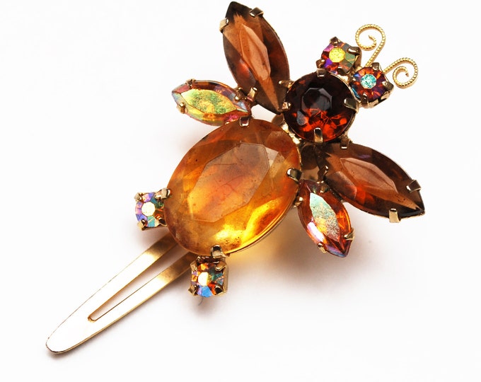 Amber Rhinestone Bug hair clip - Vintage barrette - Signed Japan - Brown orange crystal bobby pin