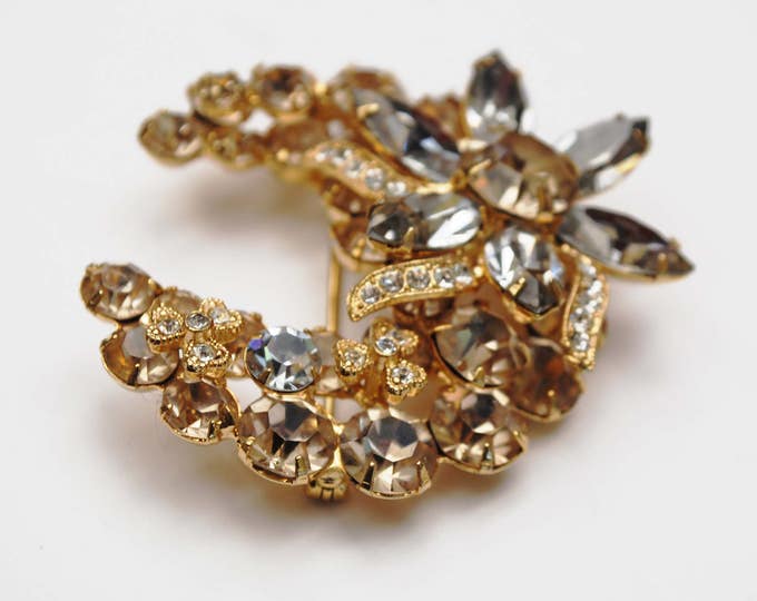 Eisenberg Ice Rhinestone Brooch - Crescent Flower -gold plated - champagne - Signed - floral pin