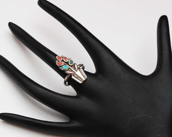 Gemstone Inlay Flower Ring - Silver floral - turquoise,coral - carnelian - size 5 ring