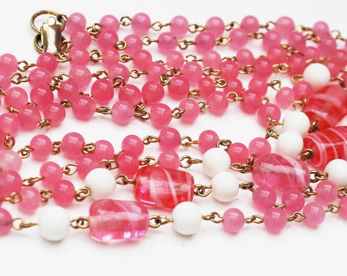 Coro Long Bead Necklace - Pink art glass beads - White milk glass - Signed - Mod century Vintage - 60 inches