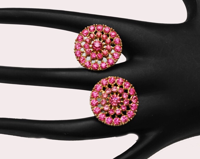 Coro Rhinestone Earrings - Pink Round - mid century - screw back Earring - Gold plated metal