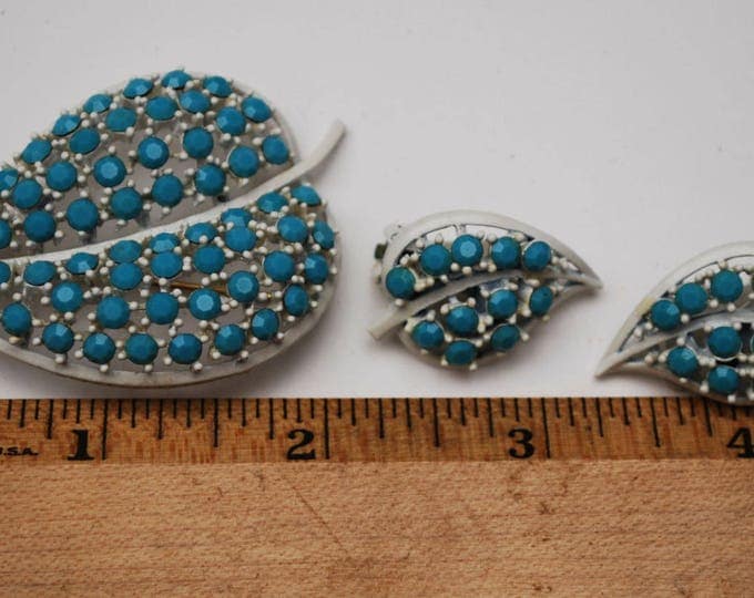 Lisner Leaf Brooch and earring Set - Light turquoise Blue - glass Rhinestone - white enamel Mid Century