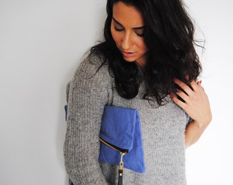 001//indigo//XL hand-dyed canvas clutch with genuine leather wrist strap